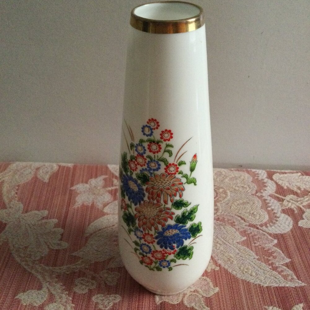 Hand painted vase 8" tall floral gold rim home indoor decor